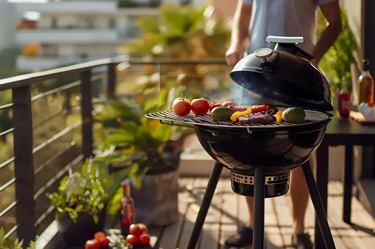 Grillen auf dem Balkon: Fleisch, Tomaten und Gem&uuml;se brutzeln auf dem Rost. Rauch steigt auf, w&auml;hrend im Hintergrund eine Person steht.
