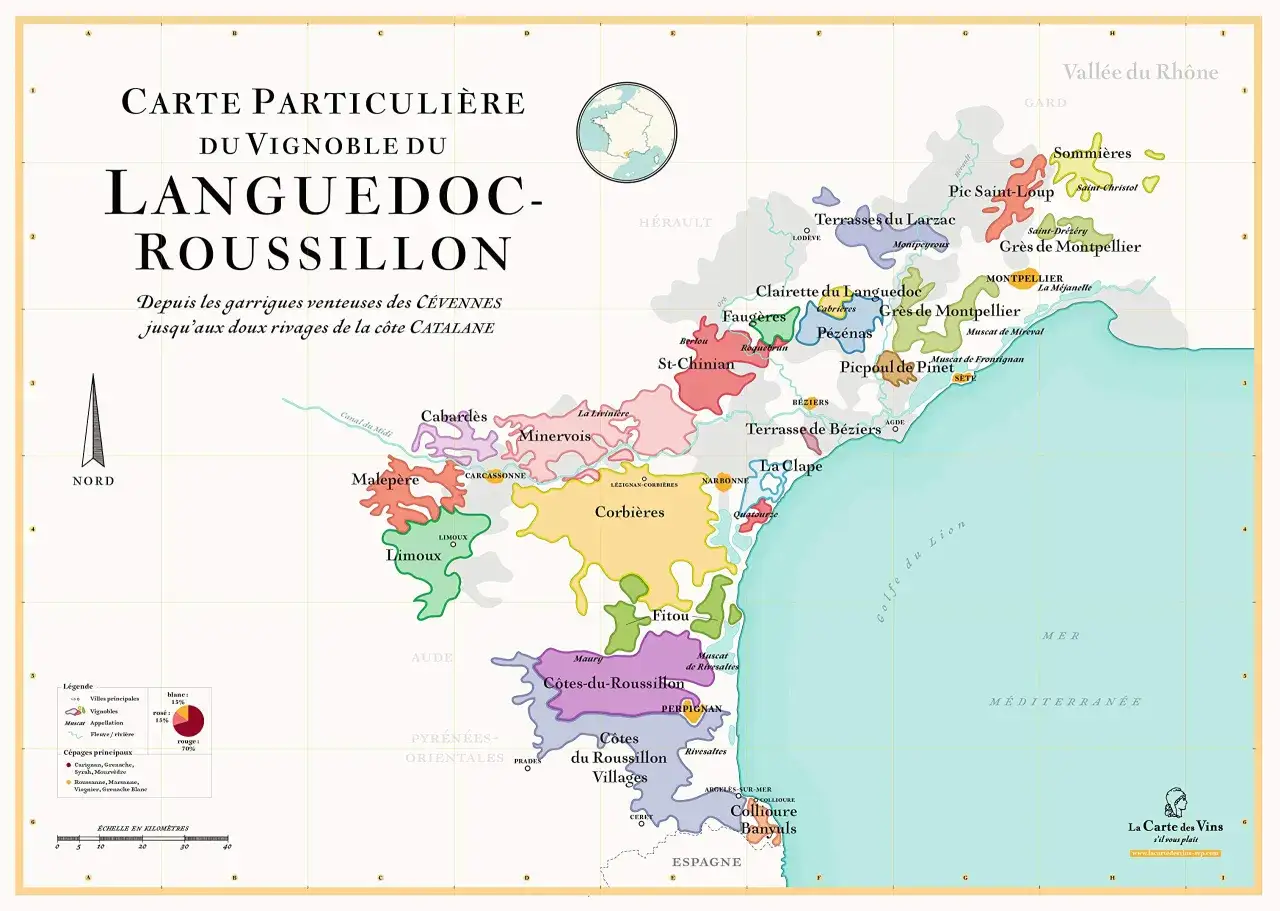 Carte des meilleurs vins du Roussillon, des garrigues aux rivages catalans. Explorez les vignobles et appellations de cette r&eacute;gion viticole.