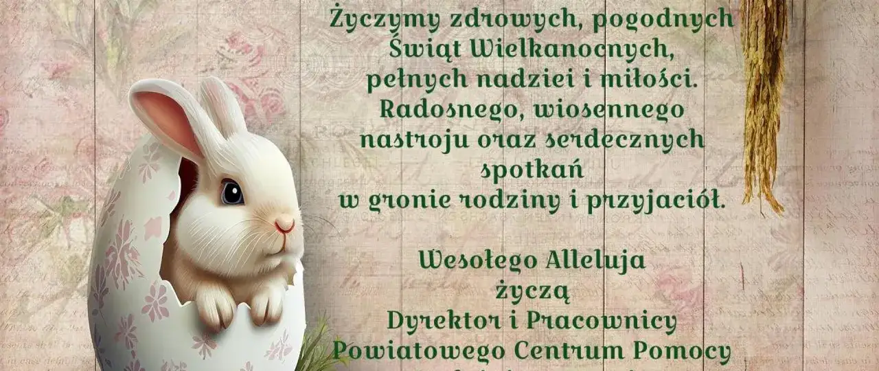 Uroczy króliczek w skorupce jajka życzy zdrowych, pogodnych Świąt Wielkanocnych, pełnych nadziei i miłości. Wesołego Alleluja!
