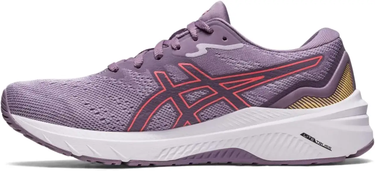 Scarpa da corsa Asics GT 1000 donna viola con dettagli fucsia e suola bianca. Perfetta per chi ama correre con stile.