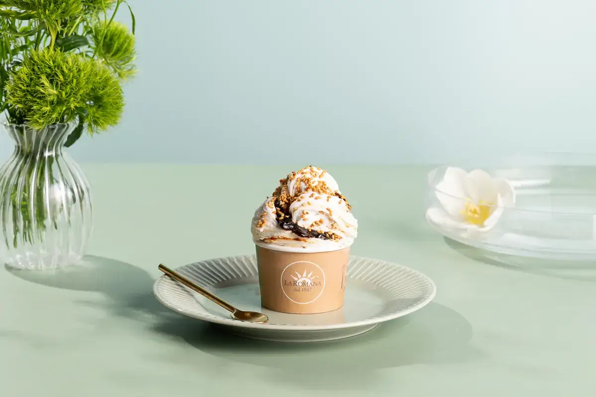 Un delizioso gelato de **La Romana Rimini**, guarnito con croccanti semi, su un piatto bianco con un cucchiaino dorato.
