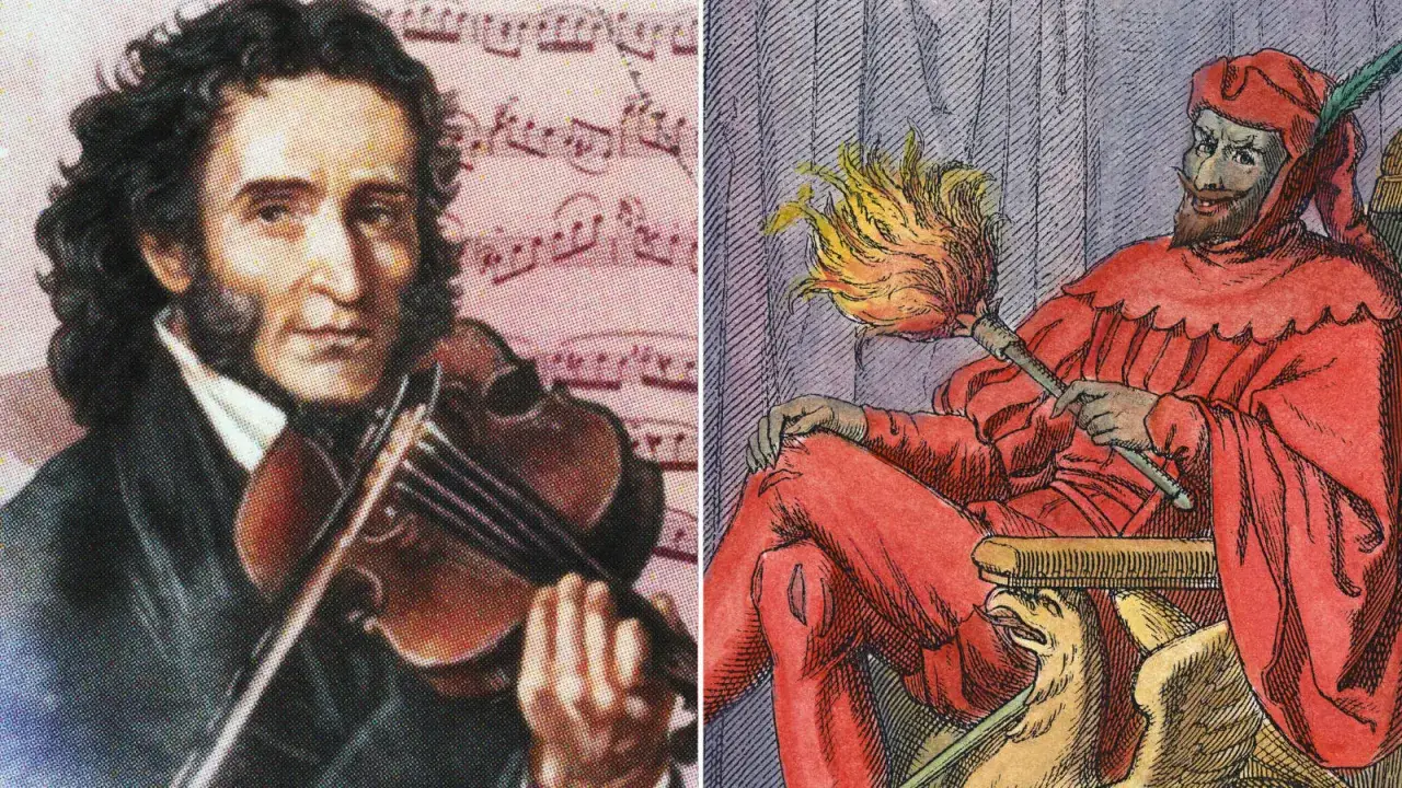 El legendario violinista Paganini, con su violín, junto a una figura demoníaca con un penacho de fuego.