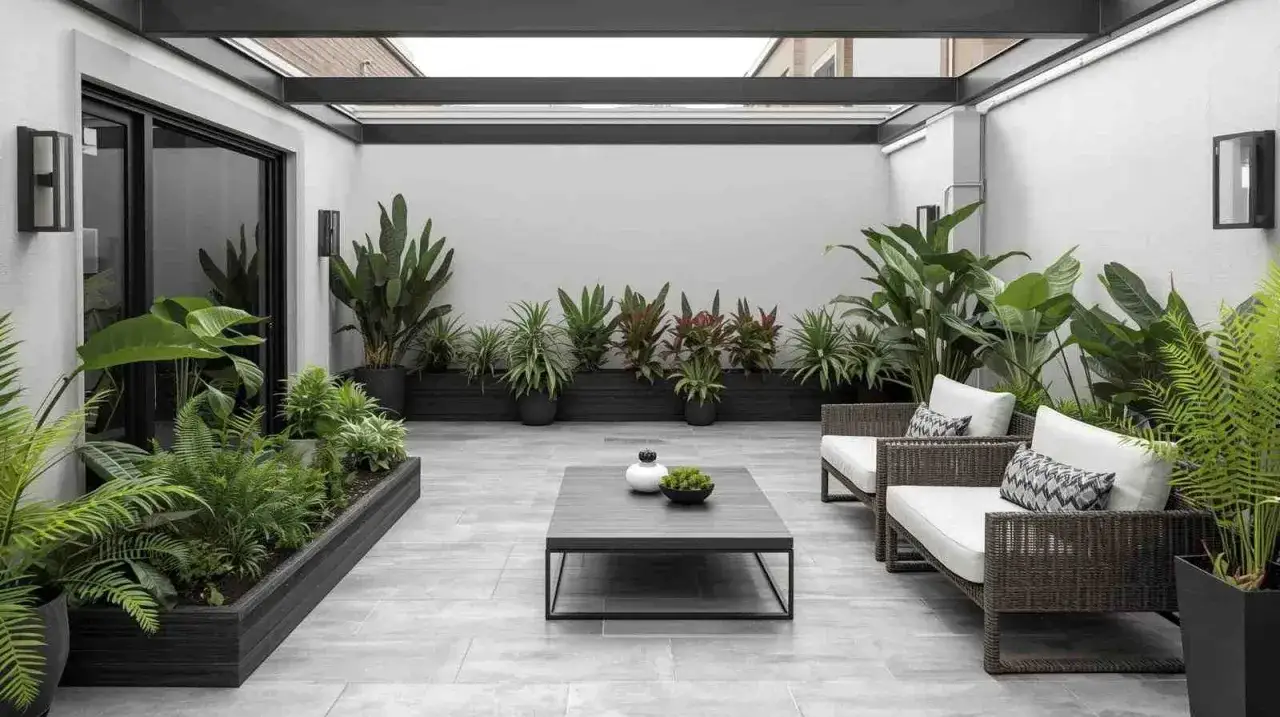 Moderne Terrasse gestalten mit üppigen Pflanzen, bequemen Sitzmöbeln und einem stilvollen Tisch. Ein grünes Paradies zum Entspannen.