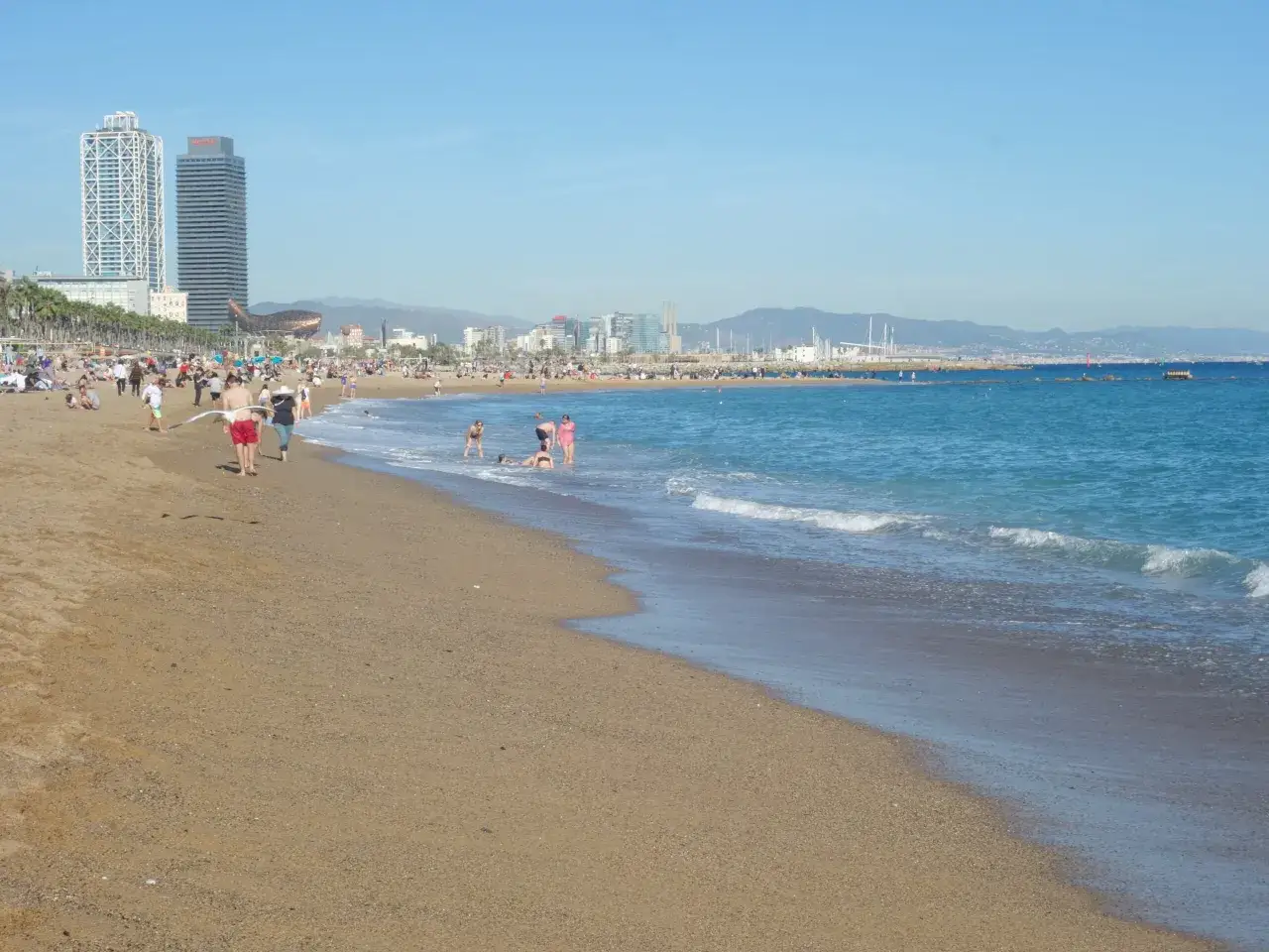 Ludzie odpoczywają na plaży, a w tle widać nowoczesne budynki. To dowód, że Barcelona jest nad morzem.