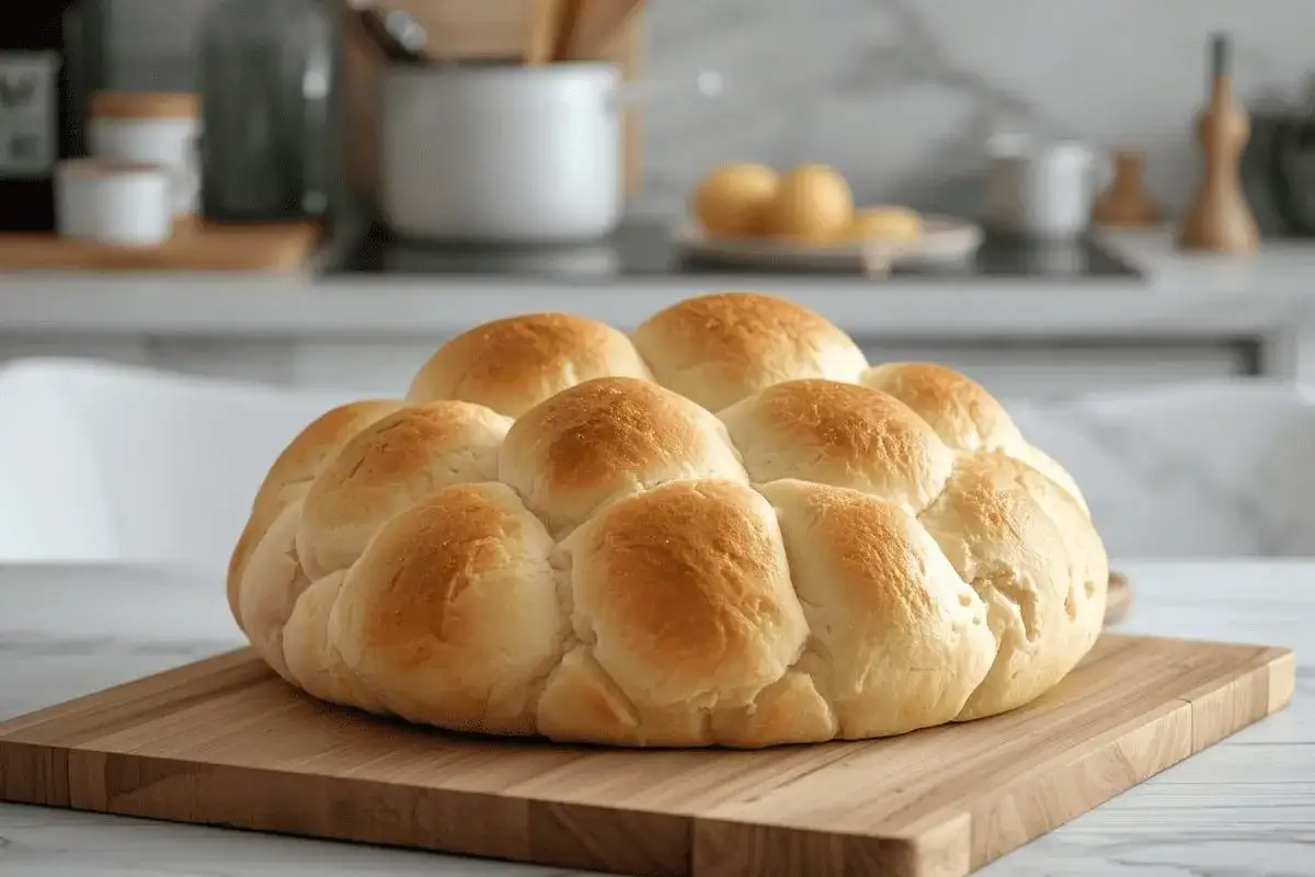 Pane nuvola ricetta: soffici panini dorati disposti a grappolo su un tagliere di legno, pronti per essere gustati.