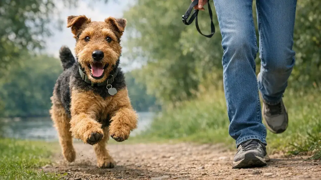 Un joyeux welsh terrier court sur un sentier, sa langue pendante, aux c&ocirc;t&eacute;s de son propri&eacute;taire en jean.