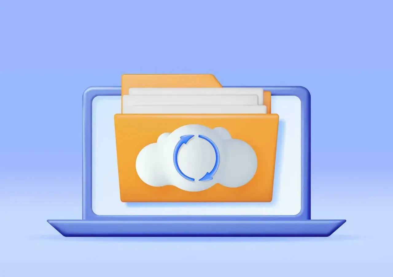 A laptop displays an orange folder with documents and a cloud icon, symbolizing a great dropbox alternative for cloud storage and syncing.