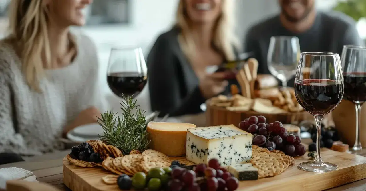 Un plateau de fromages vari&eacute;s, raisins et crackers, accompagn&eacute; de verres de vin rouge. Parfait pour savoir quel vin rouge avec un plateau de fromage vari&eacute;.