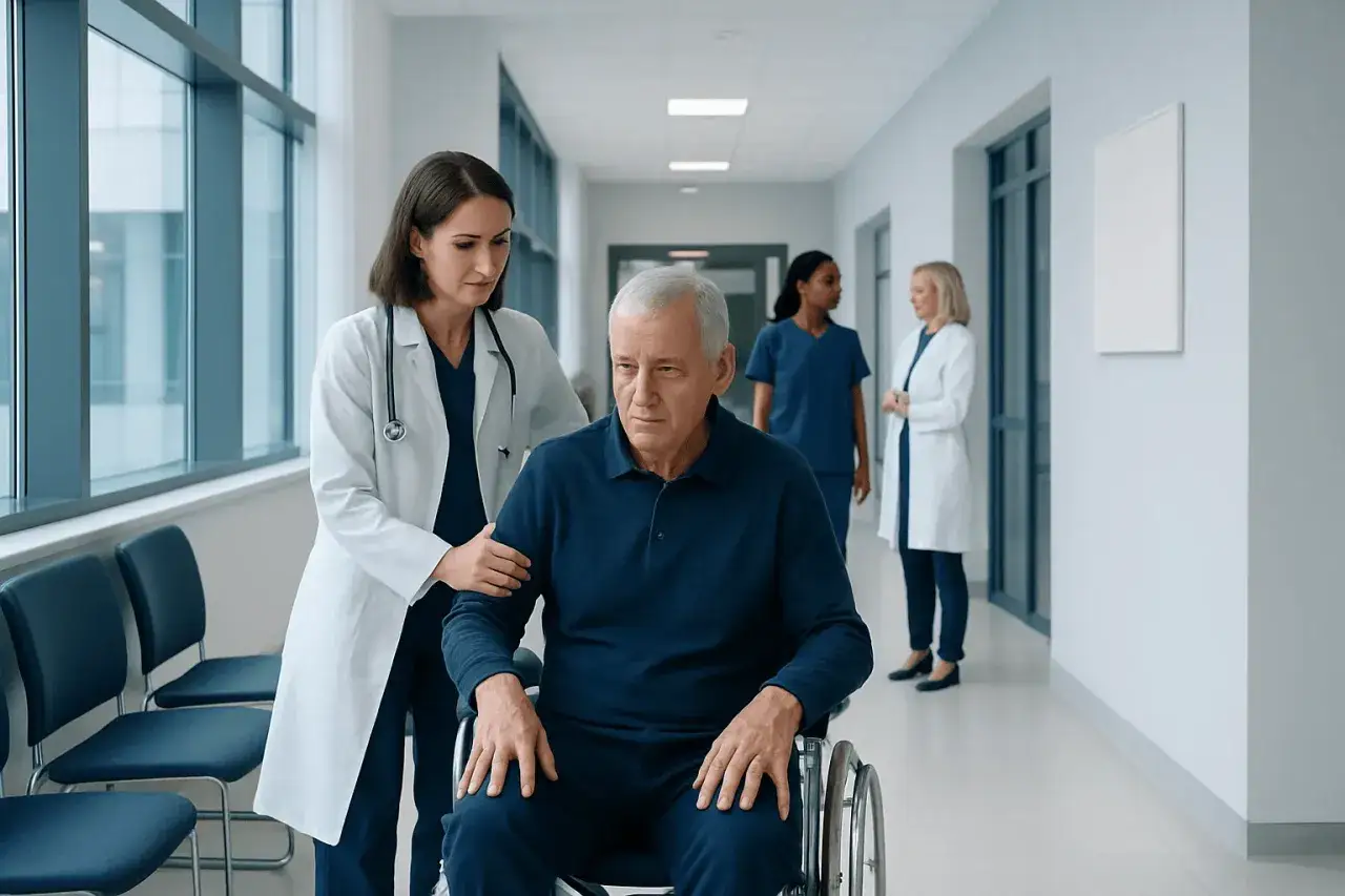 Une médecin soutient un homme âgé en fauteuil roulant, ses jambes qui flageolent. Deux autres soignantes marchent dans le couloir de l'hôpital.