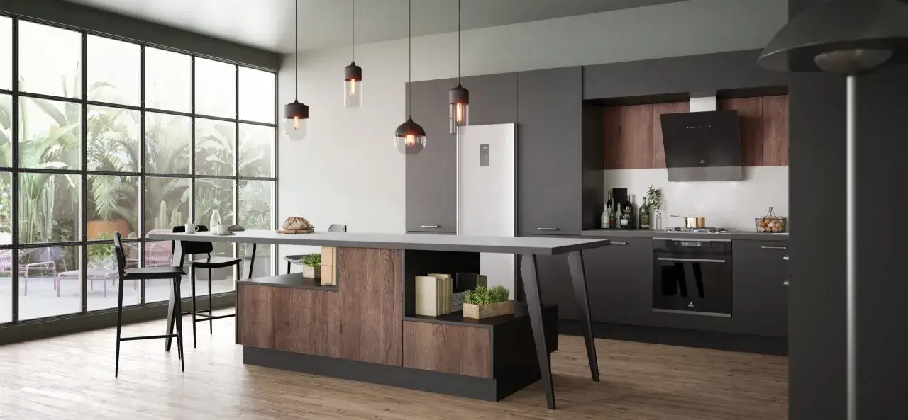 Cuisine gris anthracite avec îlot central en bois. Quel couleur au mur ? Un blanc lumineux pour contraster.