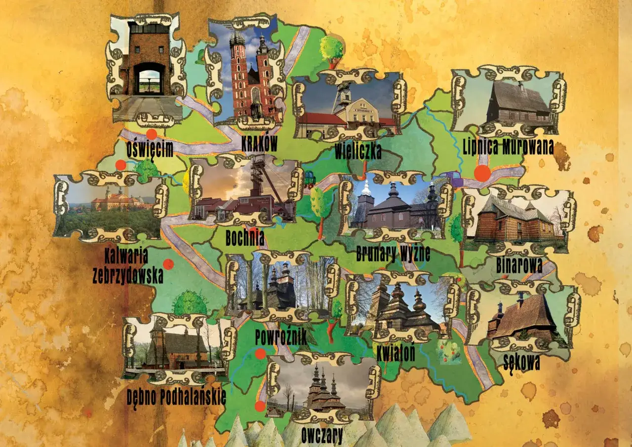 Mapa z widokami obiektów UNESCO w Polsce: Oświęcim, Kraków, Wieliczka, Lipnica Murowana, Bochnia, Kalwaria Zebrzydowska, Brunary Wyżne, Binarowa, Dębno Podhalańskie, Powroźnik, Kwiaton, Owczary, Sękowa.