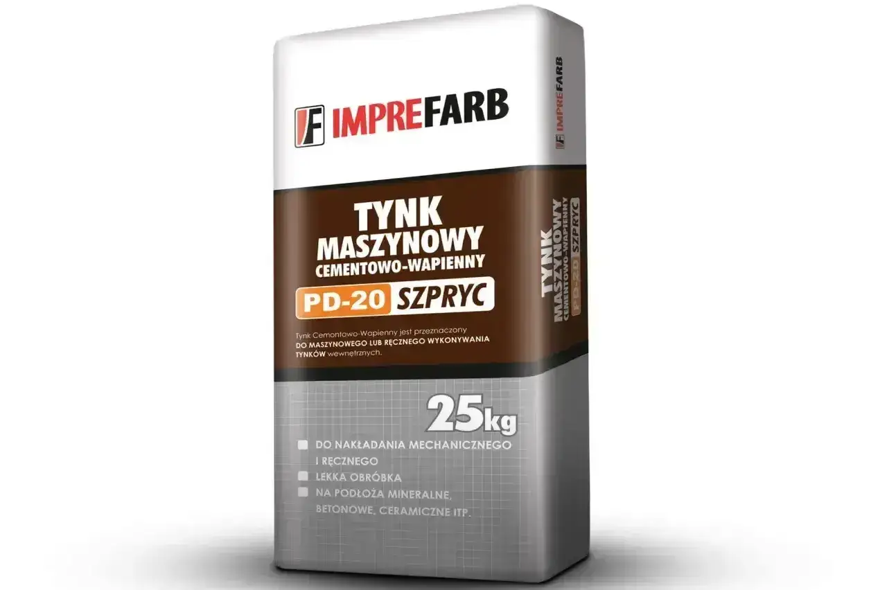 Worek tynku maszynowego cementowo-wapiennego PD-20 Szpryc 25kg. Idealne proporcje dla tynków wewnętrznych.