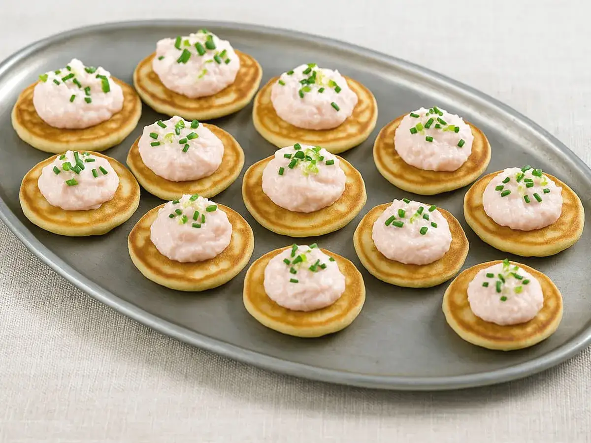 Mini blinis garnis d'une délicieuse tarama recette, parsemés de ciboulette fraîche. Parfait pour un apéritif.