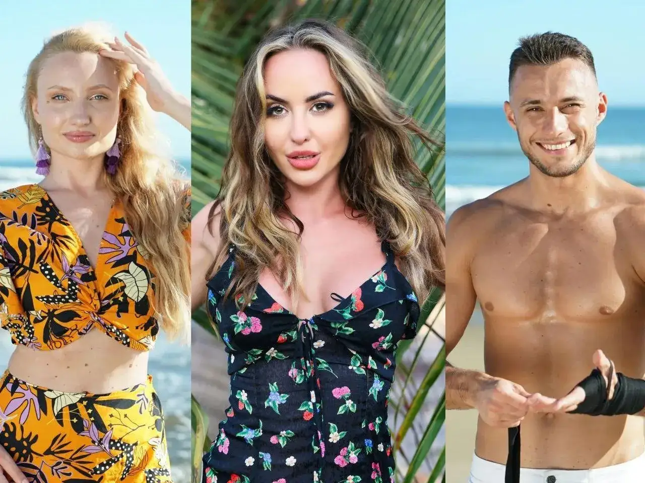 Trzech uczestników Hotel Paradise 10: blondynka w pomarańczowym kwiecistym topie, brunetka w czarnej sukience w kwiaty i mężczyzna z opaską na ręce.