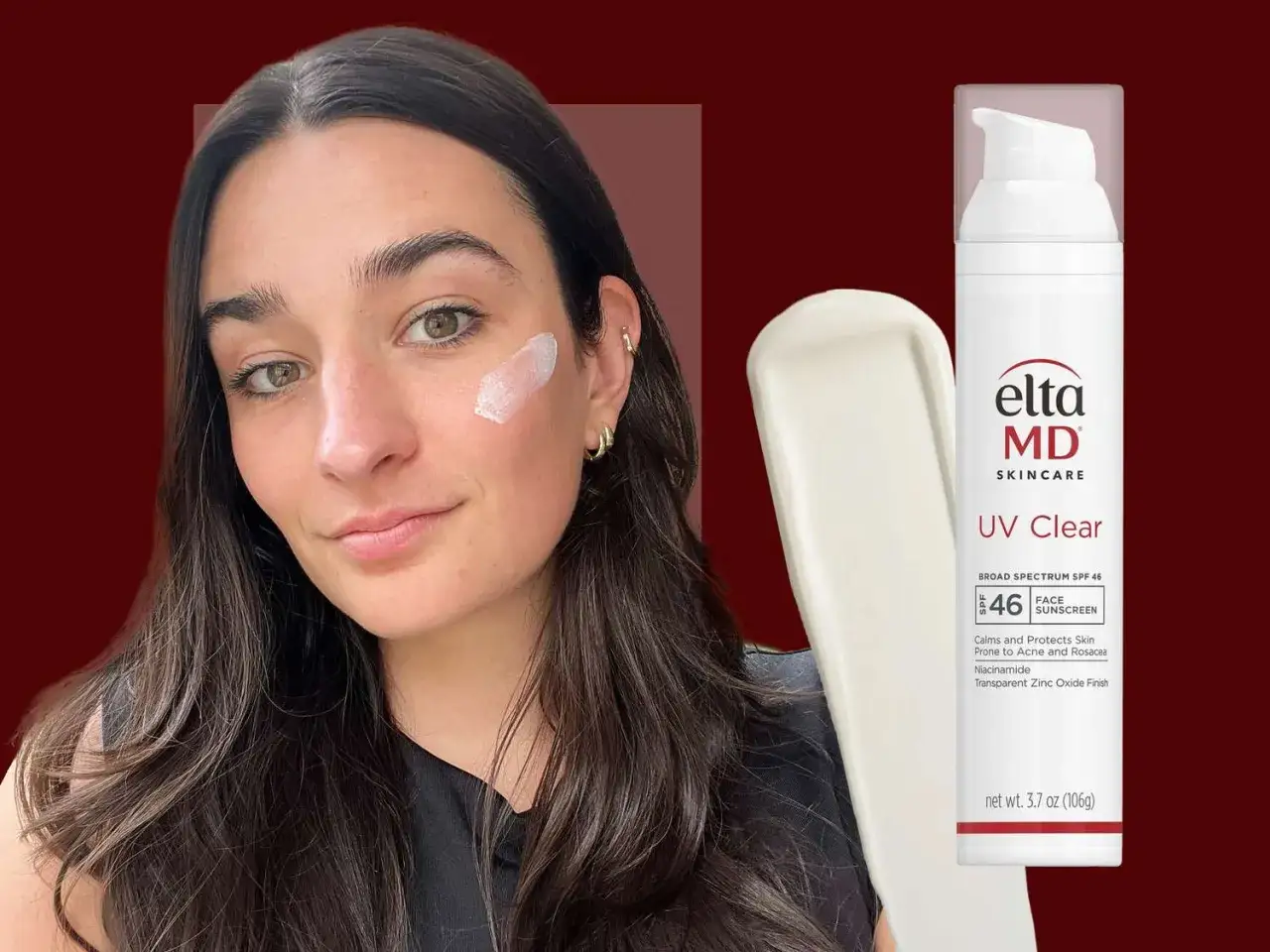Frau mit Sonnencreme bei Akne auf der Wange. EltaMD UV Clear SPF 46 schützt und beruhigt die Haut.