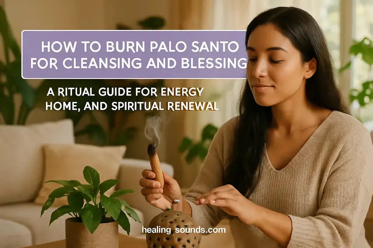 Mujer realiza ritual con palo santo humeante. Aprende c&oacute;mo quemar palo santo para purificar tu hogar y energ&iacute;a.