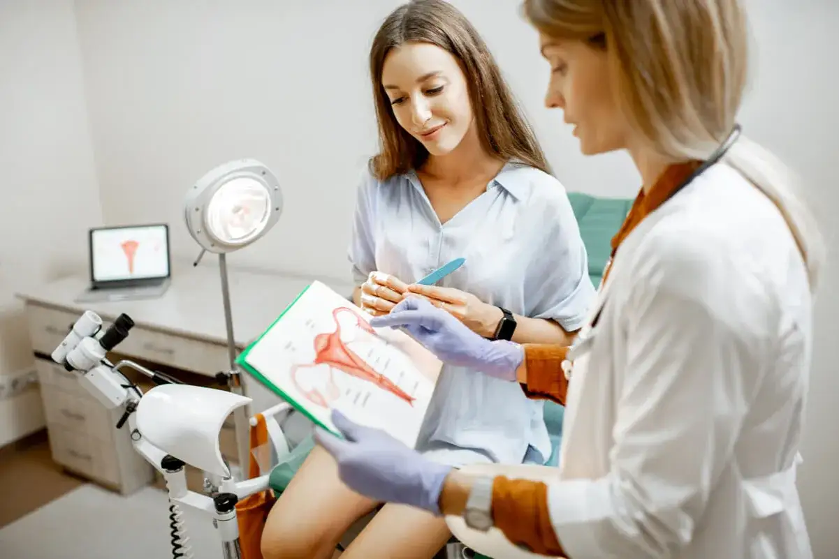 Lekarz ginekolog omawiający badanie z pacjentką na modelu anatomicznym