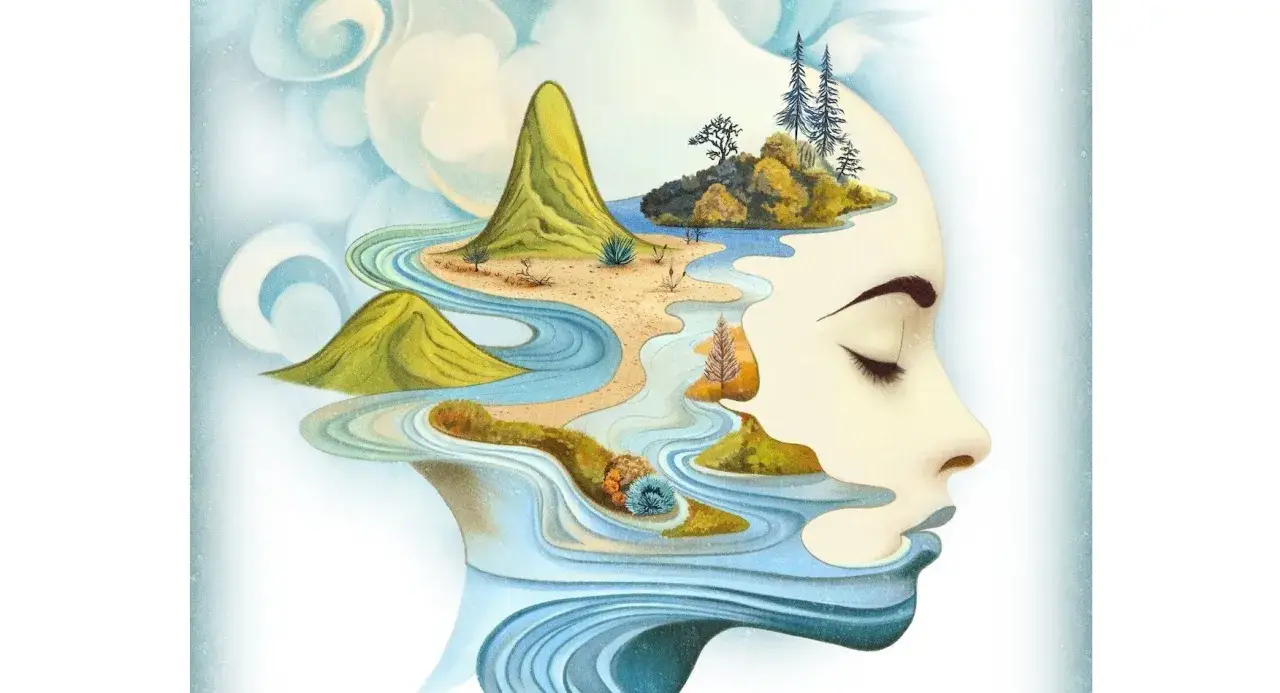 Landschaft im Kopf, die die kognitive Bedeutung von Gedanken und Erinnerungen darstellt.