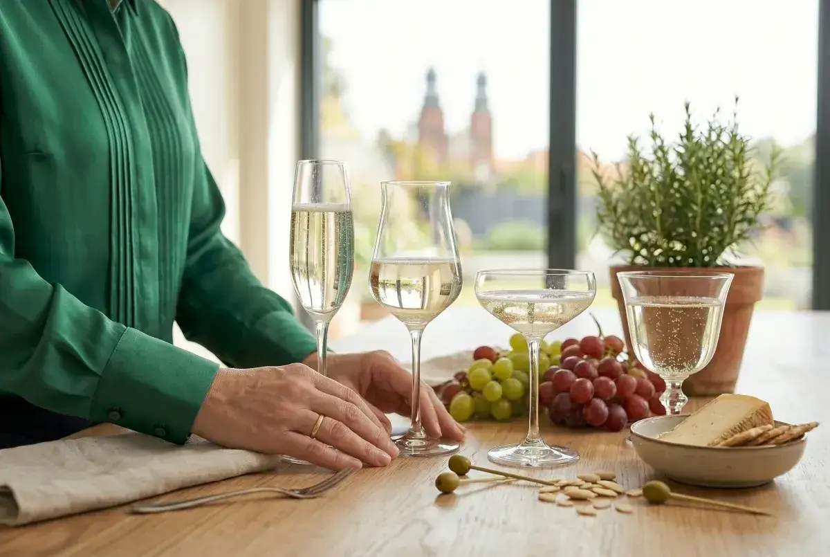 Trzy kieliszki musującego wina, w tym prosecco, stoją na stole. Czy prosecco to szampan? Obok winogrona, ser i oliwki.