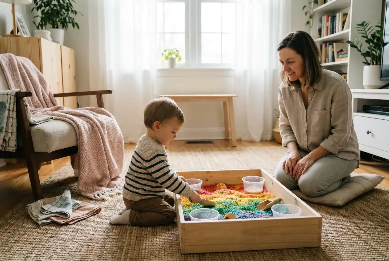 Mama i dziecko bawią się kolorowym piaskiem. Świetne zajęcia sensoryczne pomysły na wspólną zabawę i rozwijanie wyobraźni.