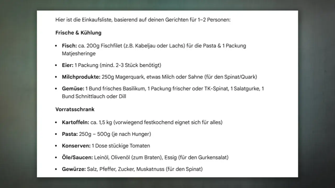 Einkaufsliste f&uuml;r 1-2 Personen: Fisch, Eier, Milchprodukte, Gem&uuml;se, Kartoffeln, Pasta, Tomaten, &Ouml;le, Gew&uuml;rze. So kannst du Geld sparen beim Einkaufen!
