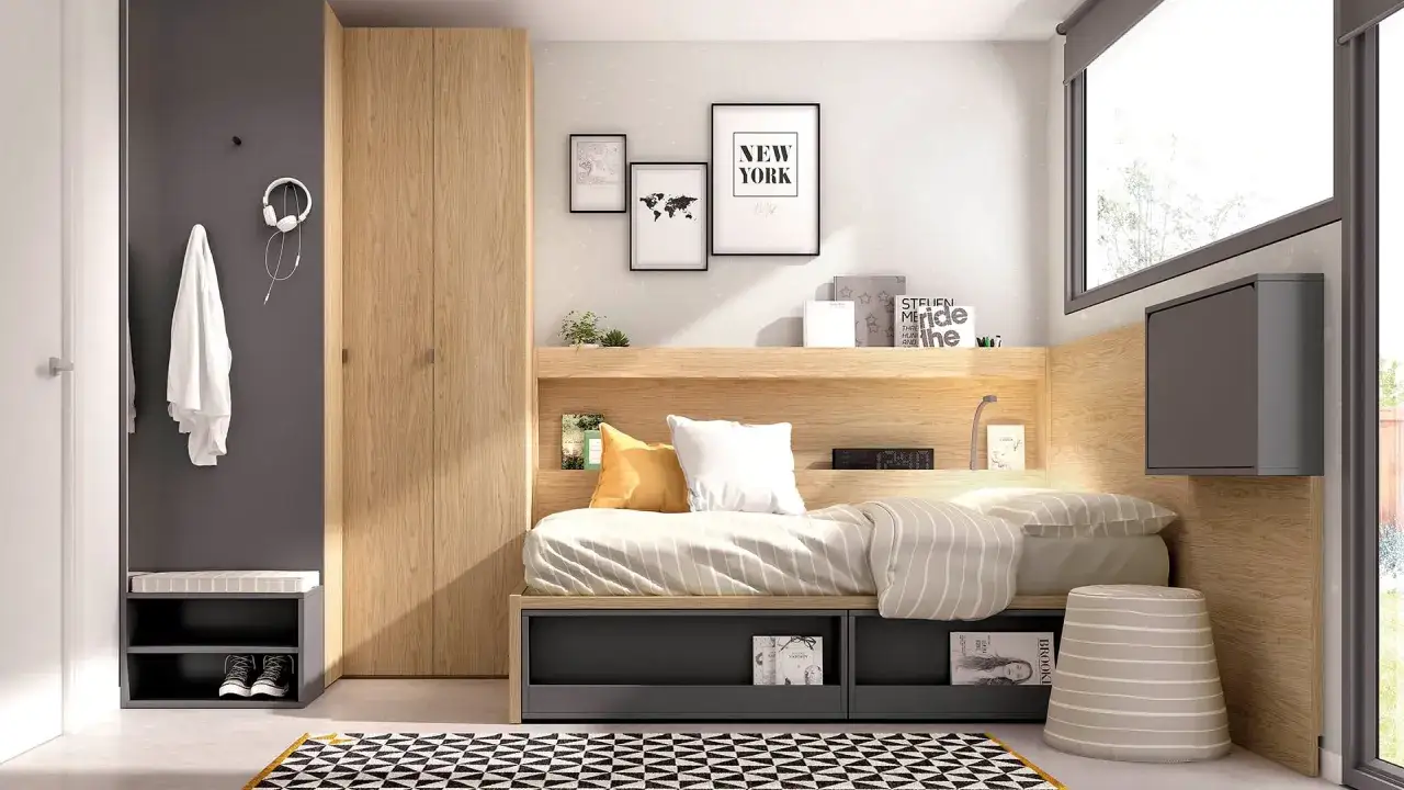 Dormitorios peque&ntilde;os con cama integrada, armario de madera y decoraci&oacute;n minimalista.