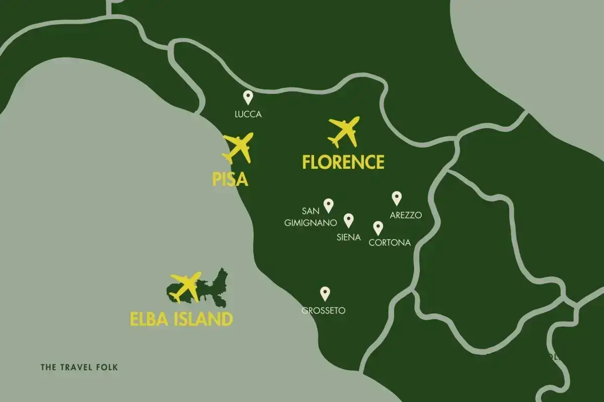 Mapa Toskanii z zaznaczonymi lotniskami w Pizie i na Elbie. Widać też Florencję, Sienę i inne miasta.