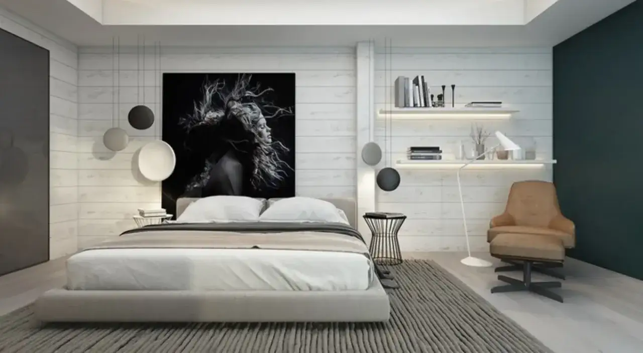 Camera da letto moderna con grande quadro in bianco e nero sopra il letto. Ecco come disporre i quadri in camera da letto per un effetto d'impatto.
