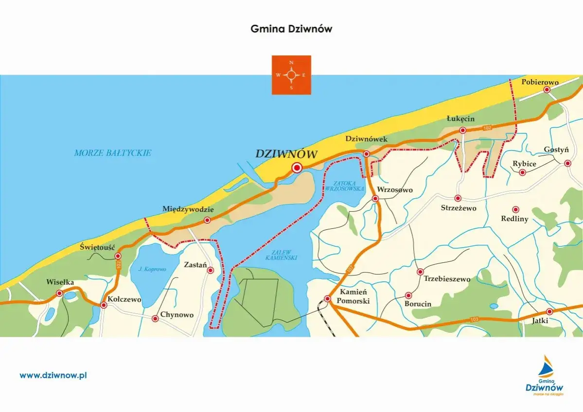 Mapa Gminy Dziwnów z zaznaczoną Zatoką Wrzosowską, Morzem Bałtyckim i okolicznymi miejscowościami.