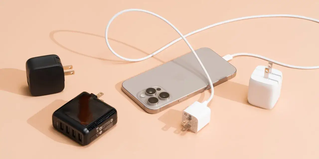 R&oacute;żne rodzaje ładowarek do telefonu: białe i czarne kostki, ładowarka wieloportowa i iPhone z podłączonym kablem.