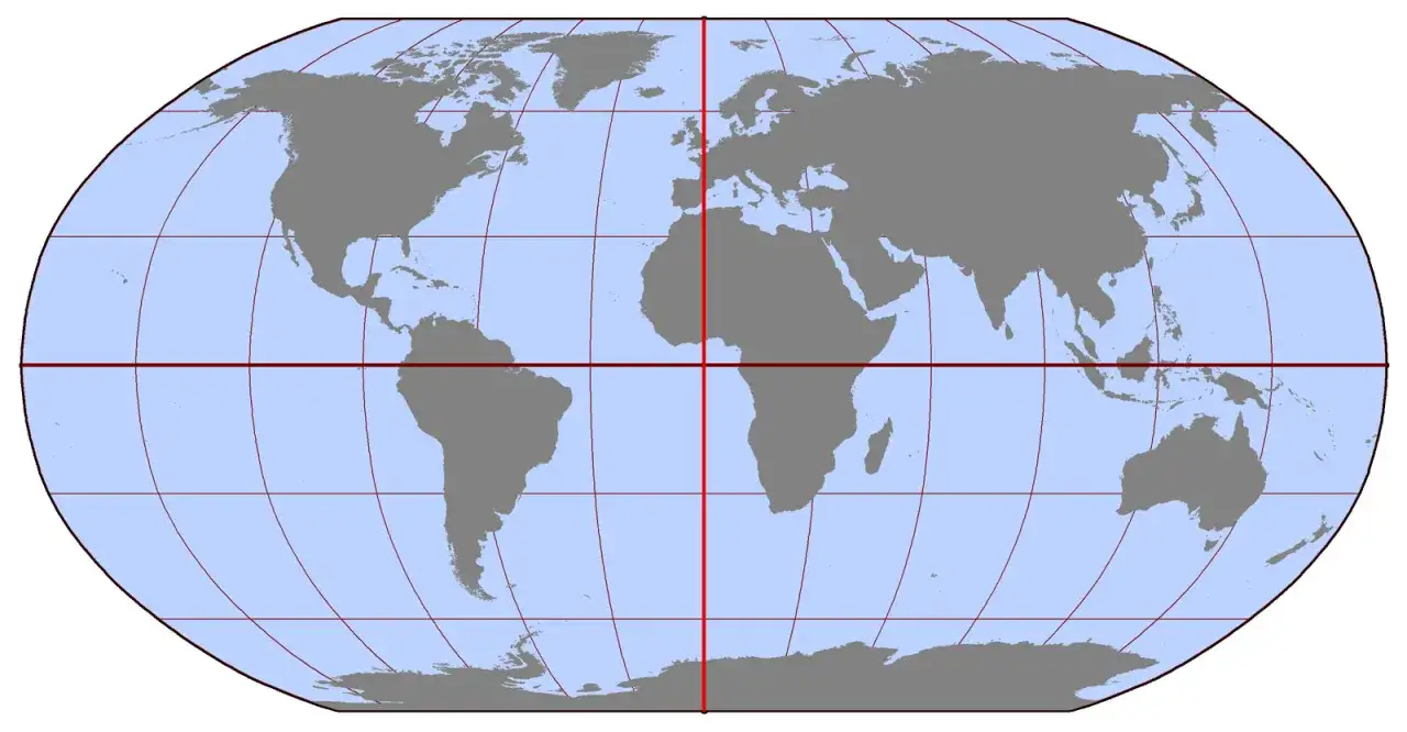 Carte du monde avec le m&eacute;ridien de Greenwich et l'&eacute;quateur trac&eacute;s en rouge.