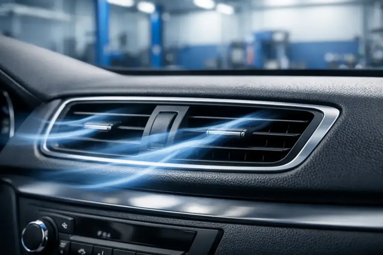 Frische Luft str&ouml;mt aus dem L&uuml;ftungsschlitz. Professionelle klimaanlagen desinfektion auto f&uuml;r saubere Luft.