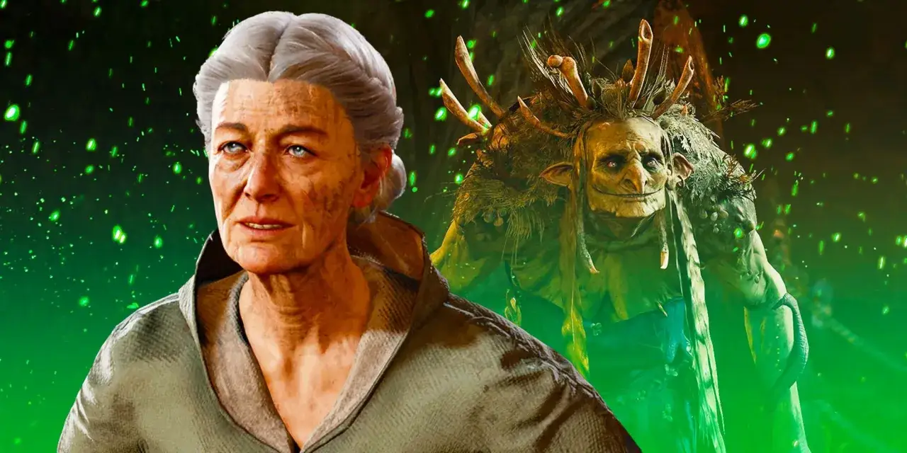La tita Ethel de BG3, con su mirada penetrante, se enfrenta a una criatura verde con cuernos y aspecto de duende.