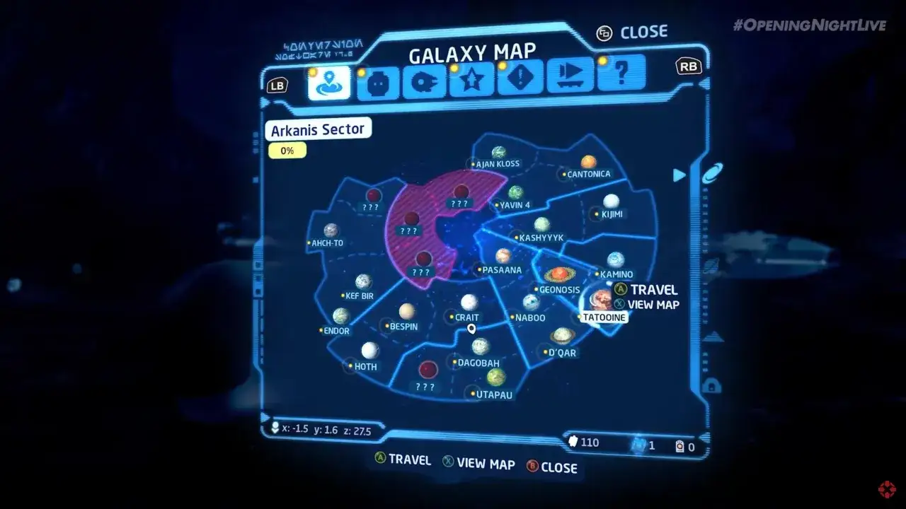 Mapa gal&aacute;ctico de LEGO Star Wars: The Skywalker Saga. Muestra el Sector Arkanis y varios planetas como Tatooine, Hoth y Naboo.