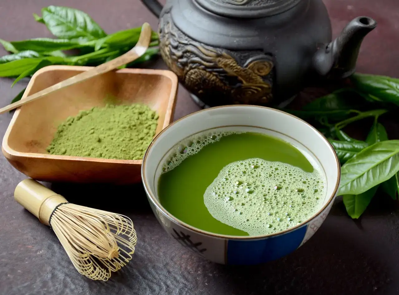 Gr&uuml;ner Matcha-Tee, Pulver und Bambusbesen. Die Zubereitung verr&auml;t, woher Matcha kommt: aus Japan.
