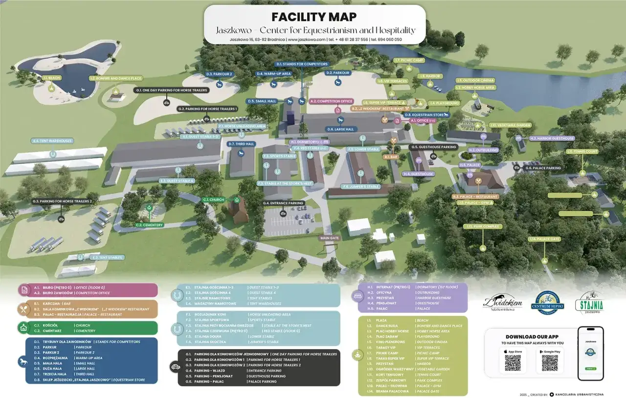 Mapa obiektu Centrum Hipiki Jaszkowo. Znajdują się tu stajnie, place treningowe, restauracja, plaża i wiele innych atrakcji.