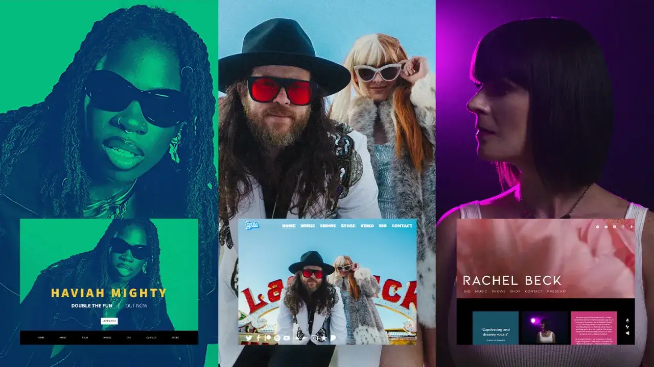 Musicians' websites showcasing their electronic press kit, featuring artists like Haviah Mighty and Rachel Beck.