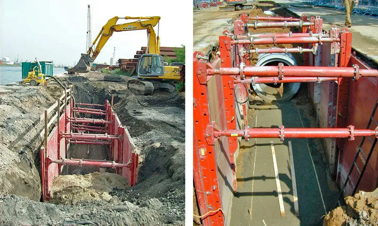 Entibado de zanjas con maquinaria pesada y sistemas de soporte para garantizar la seguridad en obras de construcci&oacute;n.