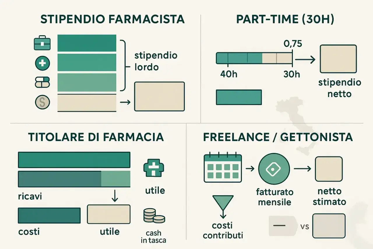 Schema illustra il calcolo stipendio netto farmacista, part-time, titolare e freelance.