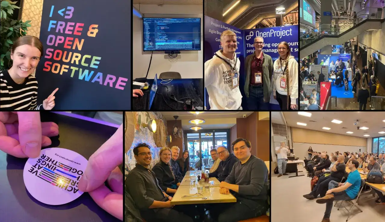 Ein Team feiert das **open source projekt** OpenProject. Menschen arbeiten, präsentieren und essen gemeinsam.