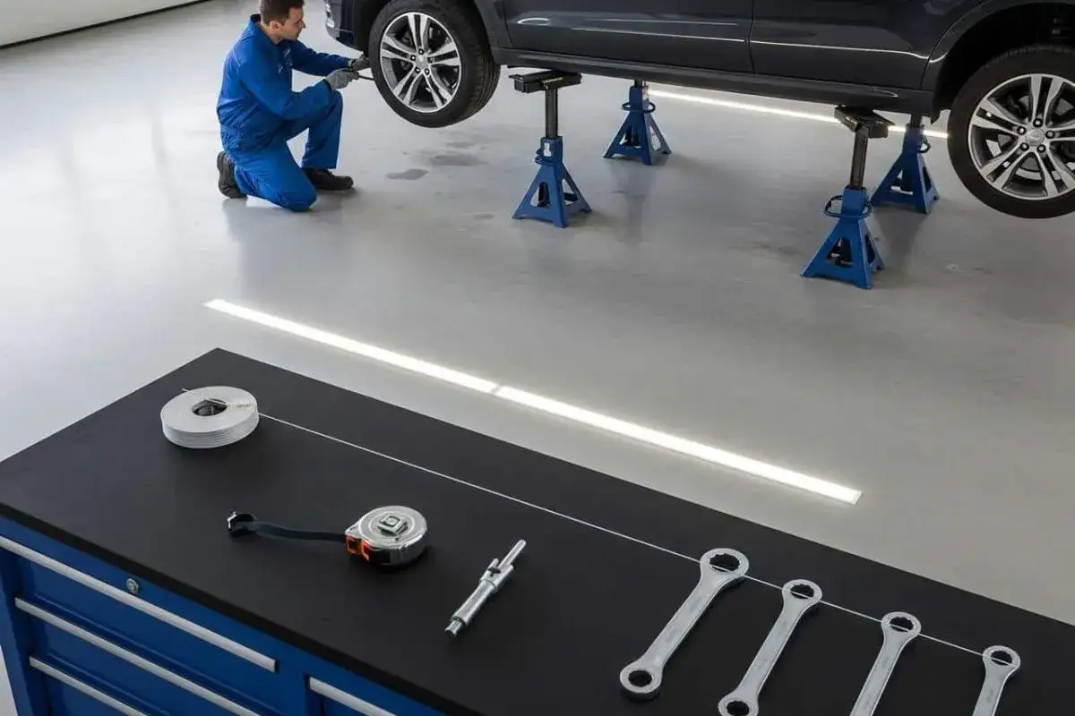 Mécanicien travaillant sur une voiture sur chandelles. Un fil tendu sur la table d'outils suggère un travail de précision, peut-être pour le parallélisme de la voiture.