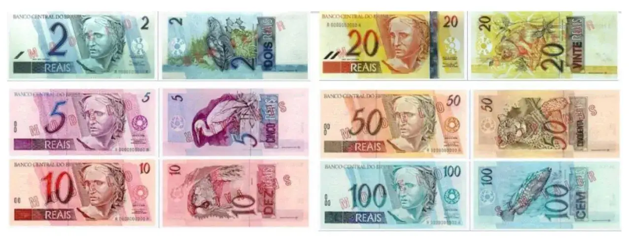 Kolekcja banknotów: waluta brazylii - 2, 5, 10, 20, 50 i 100 reali.