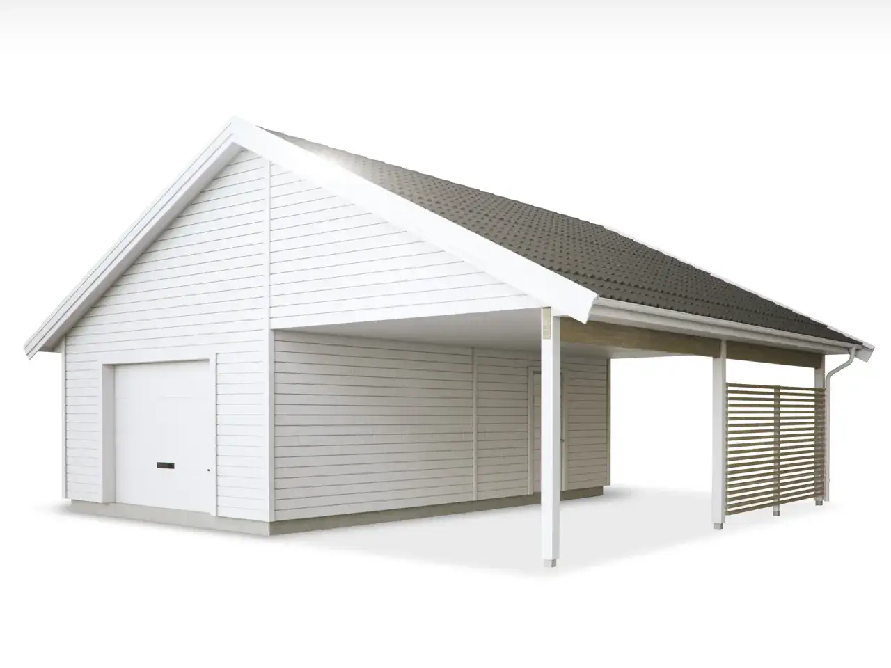 Vitt garage med carport och en grind. Perfekt f&ouml;r dig som vill bygga garage.