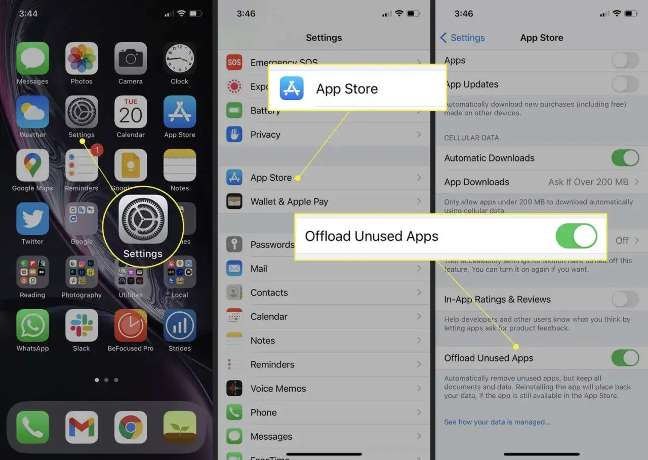 Inst&auml;llningar p&aring; iPhone visar hur du kan avlasta appar. V&auml;lj App Store och sedan 