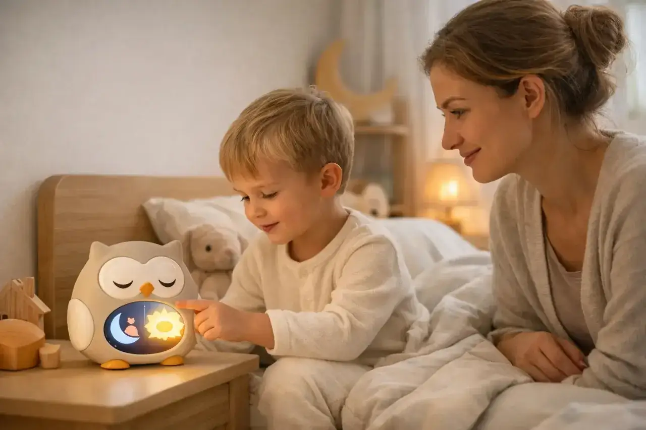Bambino iperattivo interagisce con una lampada notturna a forma di gufo, forse per aiutare con la melatonina e il sonno.