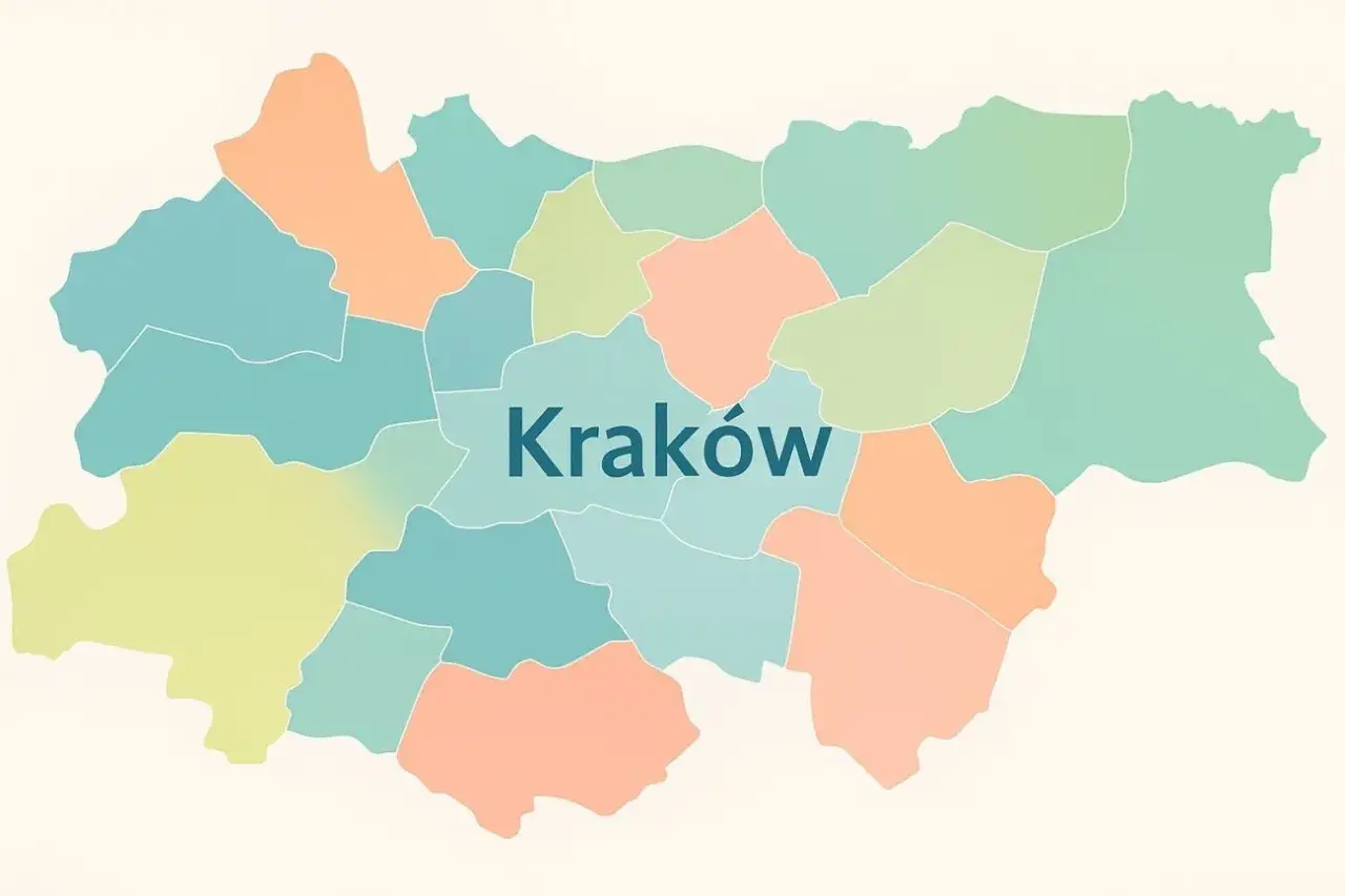 Kolorowy plan Krakowa podzielony na dzielnice.