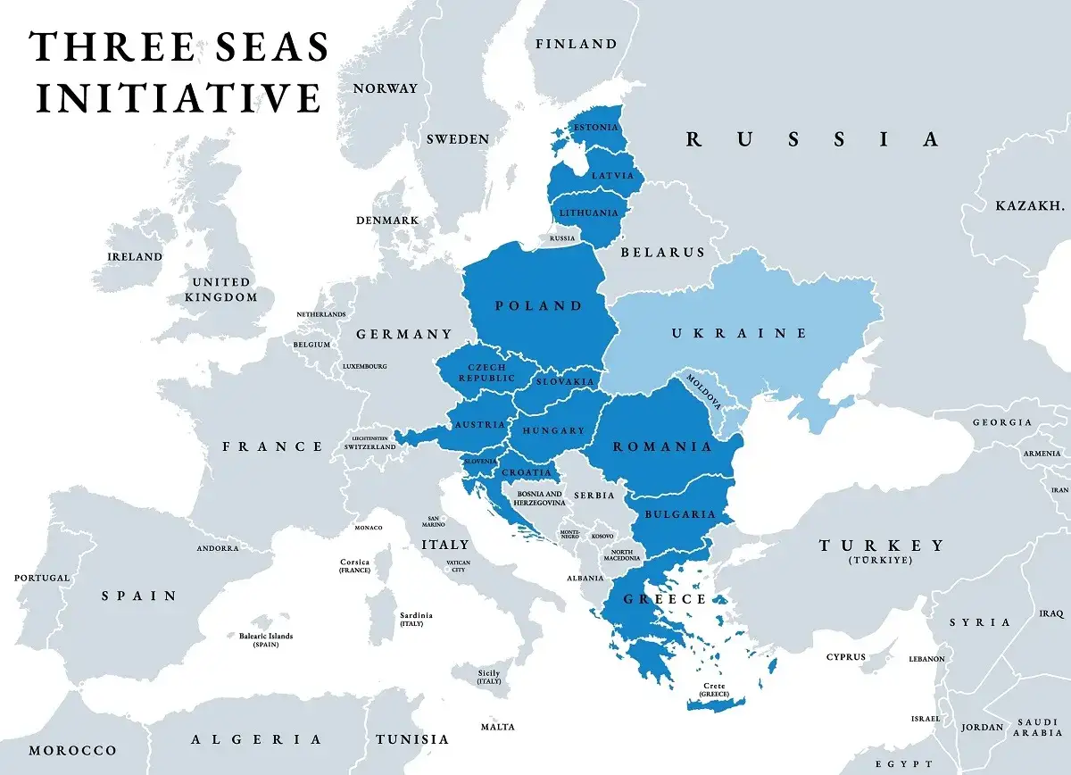Mapa Inicjatywy Trójmorza. Ile państw graniczących z Polską ma dostęp do morza bałtyckiego? Polska, Litwa, Łotwa, Estonia.