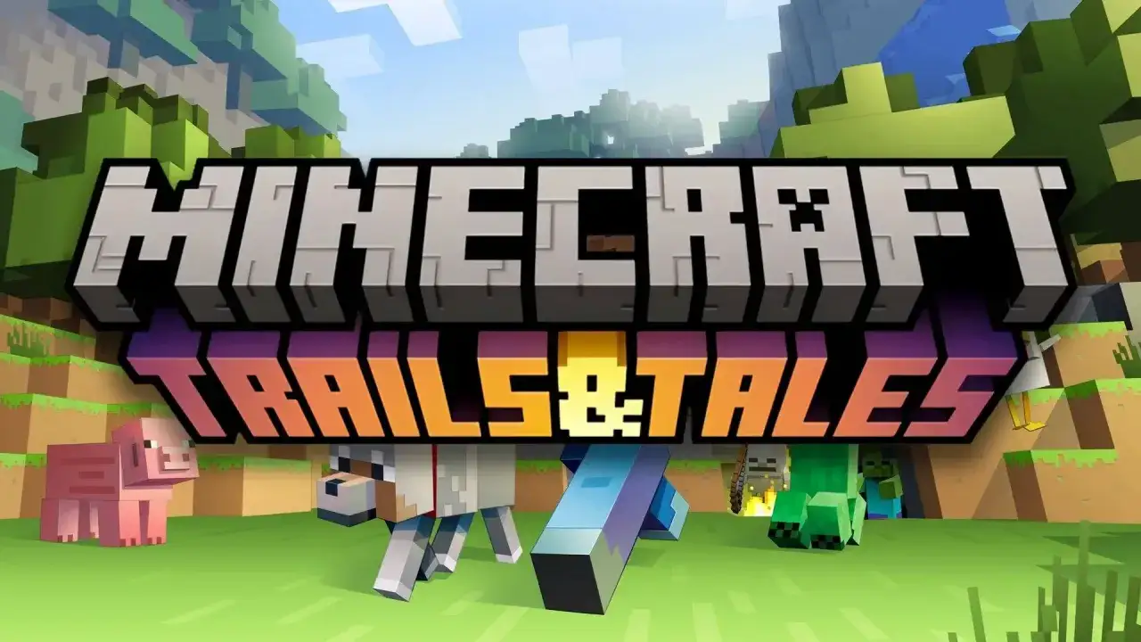 Logo Minecraft 1.20 Trails & Tales z postaciami: świnią, wilkiem, szkieletem, zombie i kurczakiem.