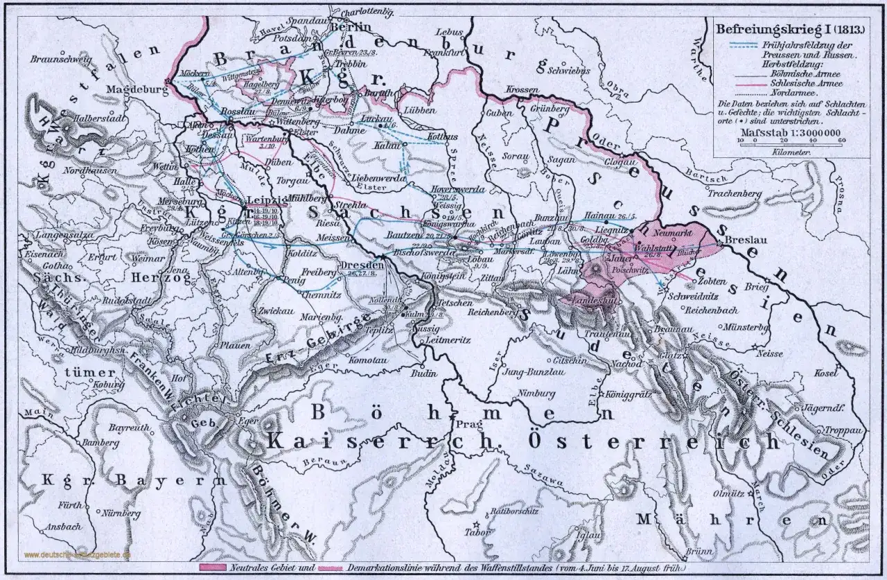 Karte der Befreiungskriege Napoleons 1813 mit Truppenbewegungen und wichtigen Schlachtenorten.
