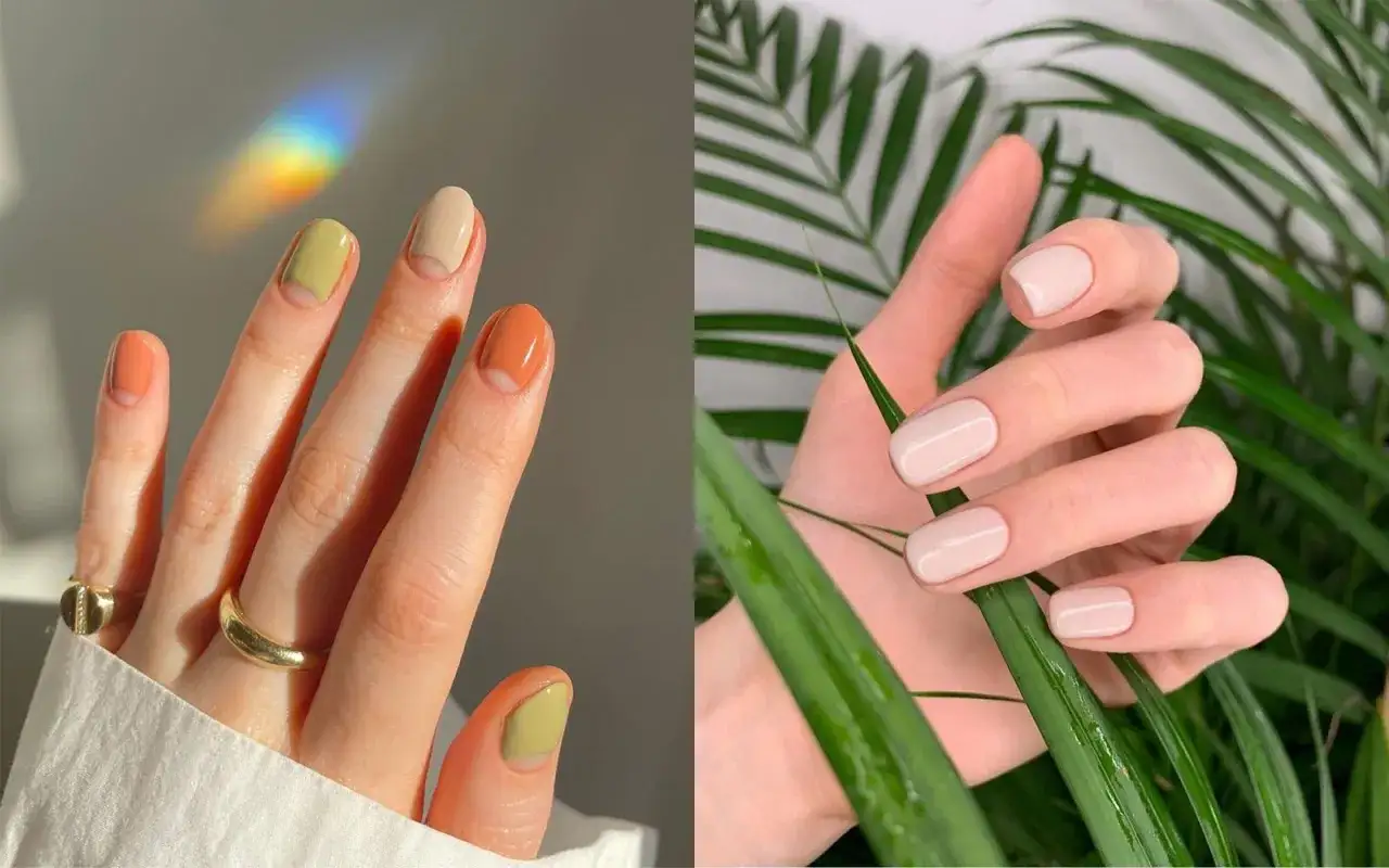 Deux mains aux ongles soignés. À gauche, des ongles aux couleurs pastel et à la française inversée. À droite, des ongles nude, parfaits pour faire les ongles.